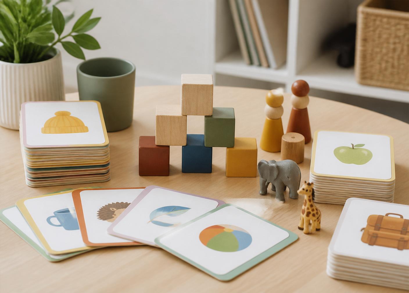 Colourful speech therapy flashcards, wooden blocks and toys arranged on a table