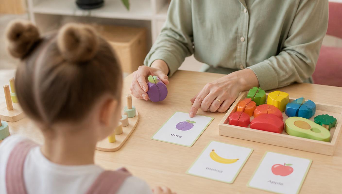 Speech pathologist and child playing with colourful therapy toys and picture cards